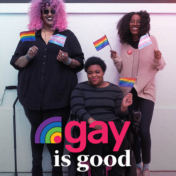Three people holding up gay pride and trans pride flags and the words '.gay is good'